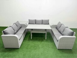 Rackhams PE Rattan Lounge Sofa Set 9 Seater Outdoor Garden Furniture Set with Rectangular Dining Table 3 Seater Sofa Side Table Light Grey - thumbnail 1