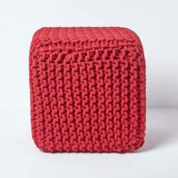 Rackhams Cube Cotton Knitted Pouffe Footstool Bean Filled Hand Knitted - Red