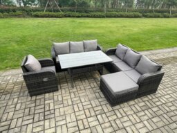 Rackhams 8 Seater Rattan Garden Furniture Set Oblong Rectangular Dining Table and Chairs Set with 3 Seater Sofa Big Footstool Dark Grey Mixed - thumbnail 2