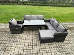 Rackhams 8 Seater Rattan Garden Furniture Set Oblong Rectangular Dining Table and Chairs Set with 3 Seater Sofa Big Footstool Dark Grey Mixed - thumbnail 1