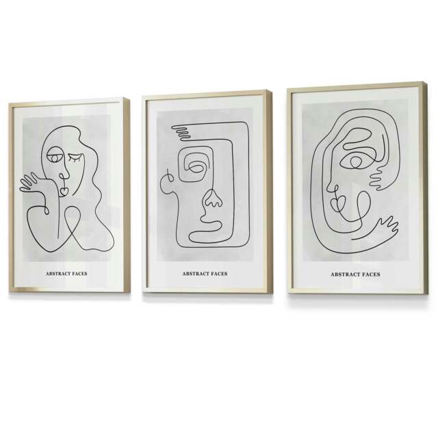 Rackhams Picasso Style Grey Abstract Faces Framed Wall Art Prints - 42x59cm (A2) - Gold - image 1