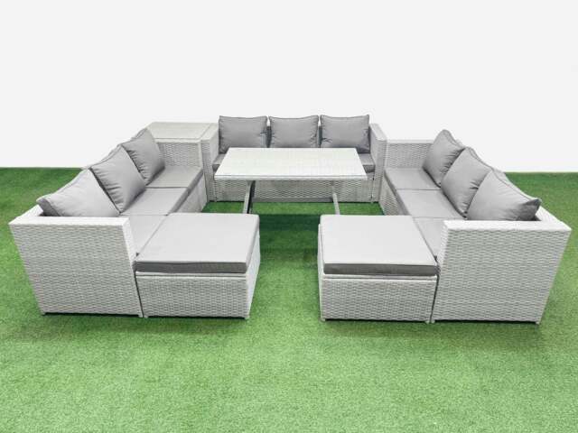 Rackhams 11 Seat Outdoor Patio PE Rattan Garden Furniture with Cushions 3 Seater Sofa Side Table 2 Big Stools Light Grey - image 1