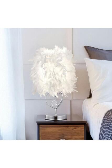 Rackhams E27 Modern White Feather Lampshade Table Lamp Bedside Fixture Decor - Warm Light - Multi - One Size