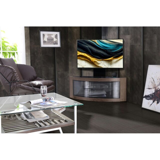"Rackhams PANGEA Black/Walnut Beam-Thru Curved True-Corner 32""-50"" TV Cabinet with Mounting Arm" - image 1
