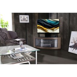 "Rackhams PANGEA Black/Walnut Beam-Thru Curved True-Corner 32""-50"" TV Cabinet with Mounting Arm" - thumbnail 1