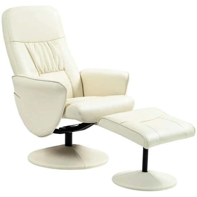 Rackhams Swivel Recliner Chair with Footstool, PU Leather Armchair and Ottoman with High Back and Round Base for Living Room, Cream White