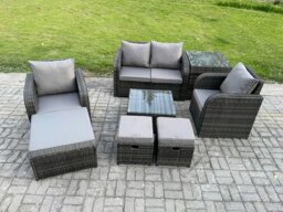 Rackhams Rattan Garden Furniture Set Patio Conservatory Indoor Outdoor 8 Piece Set with Love Sofa Square Coffee Table 3 Footstools Side Table - thumbnail 1