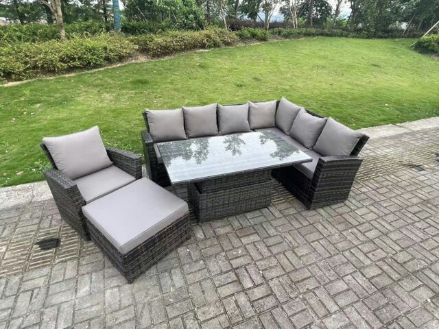Rackhams 8 Seater?Outdoor High Back Rattan Adjustable Rising Lifting Dining Table Corner Sofa Set Garden Furniture Set Dark Grey Mixed Right Hand - image 1