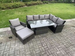 Rackhams 8 Seater?Outdoor High Back Rattan Adjustable Rising Lifting Dining Table Corner Sofa Set Garden Furniture Set Dark Grey Mixed Right Hand - thumbnail 2