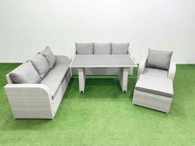 Rackhams Rattan Garden Furniture Dining Set 8 seater Patio Rectangular Table Sofa Set with Big Stool Light Grey - image 1