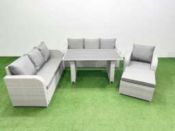 Rackhams Rattan Garden Furniture Dining Set 8 seater Patio Rectangular Table Sofa Set with Big Stool Light Grey - thumbnail 1