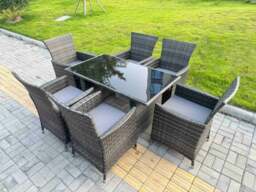 Rackhams Rattan Garden Furniture Dining Set 6-seater Patio Black Glass Table Chairs Outdoor Dark Grey Mixed - thumbnail 1