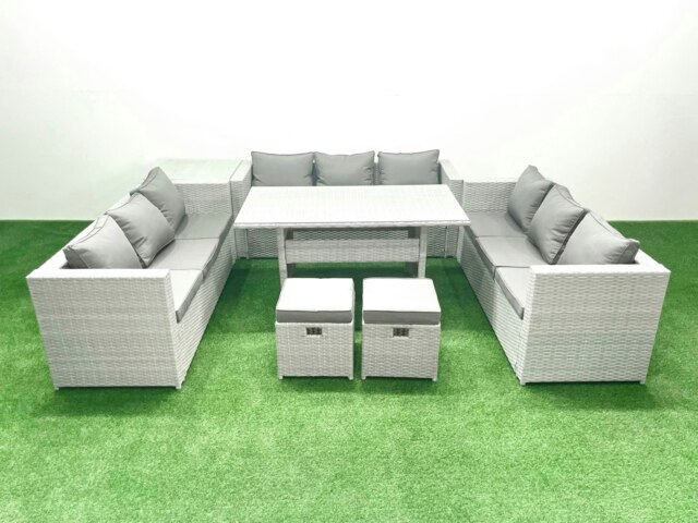 Rackhams Rattan Garden Outdoor Furniture Set 11 Seater Garden Sofa Rectangulr Dining Table Set with 2 Small Footstool Side Table Light Grey Mixed - image 1