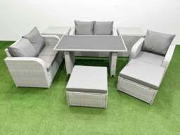 Rackhams Rattan Sofa Outdoor Furniture with Dining Table,2 Side Tables,Love Sofa,2 Big Stools Patio Furniture Light Grey 7 Seater