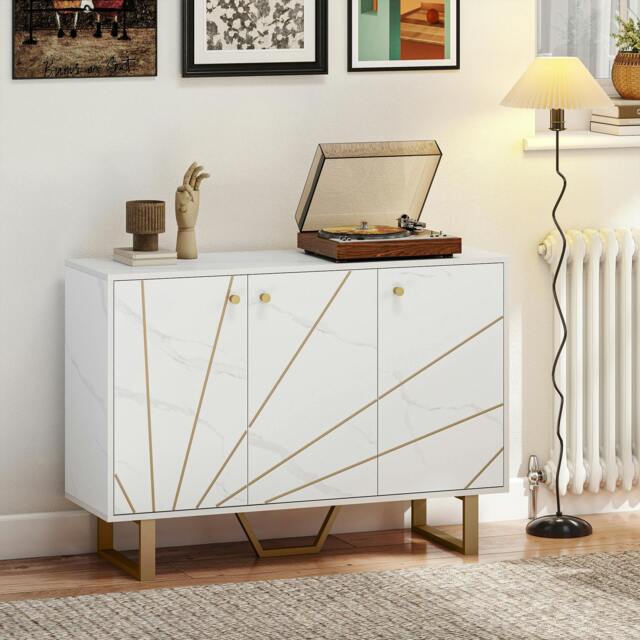 Rackhams Sideboard Storage Cupboard with Metal Legs for Living Room, Black - White - image 1
