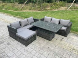Rackhams 7 Seater Wicker PE Rattan Garden Furniture Sofa Set Outdoor Adjustable Rising Lifting Dining Table Set with Big Footstool Dark Grey Mixed - thumbnail 2