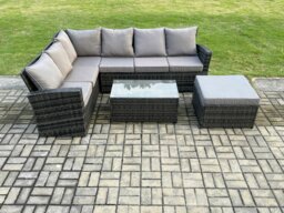 Rackhams 7 Seater Outdoor Furniture Garden Dining Set Rattan Corner Sofa Set with Rectangular Coffee Table Big Footstool Dark Grey Mixed - thumbnail 2