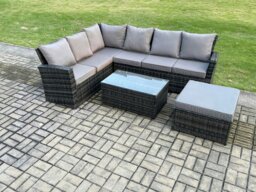 Rackhams 7 Seater Outdoor Furniture Garden Dining Set Rattan Corner Sofa Set with Rectangular Coffee Table Big Footstool Dark Grey Mixed - thumbnail 1
