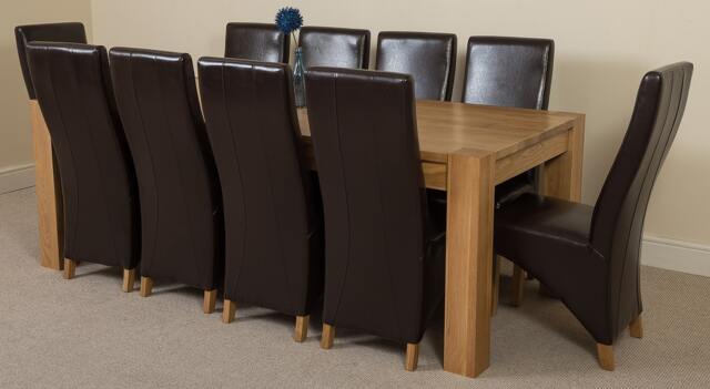 Rackhams Kuba Extra Large Oak Dining Table with Lola Leather Chairs - 10 chairs - Brown - image 1