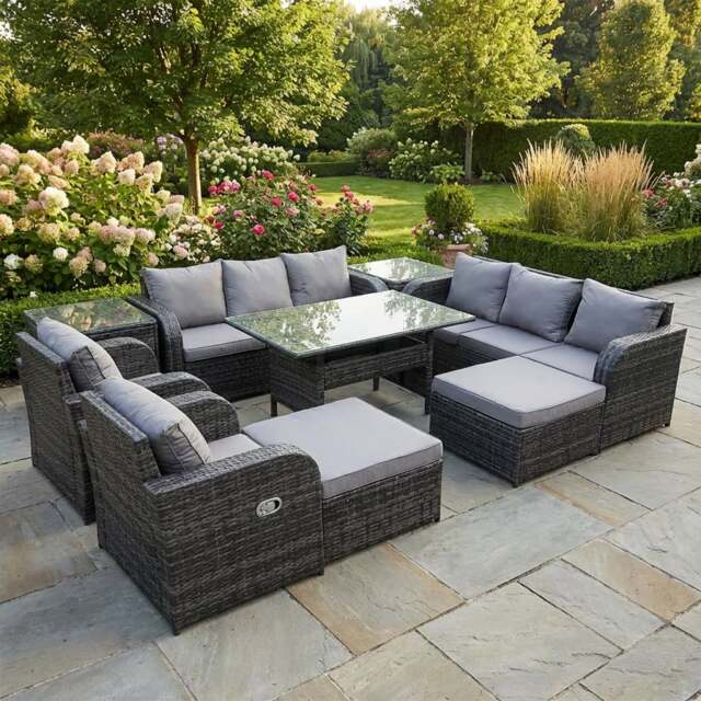 Rackhams 10 Seater Rattan Garden Dining Set with Table, Chairs, 2 3-Seater Sofas, 2 Footstools, 2 Side Tables - Dark Grey - image 1