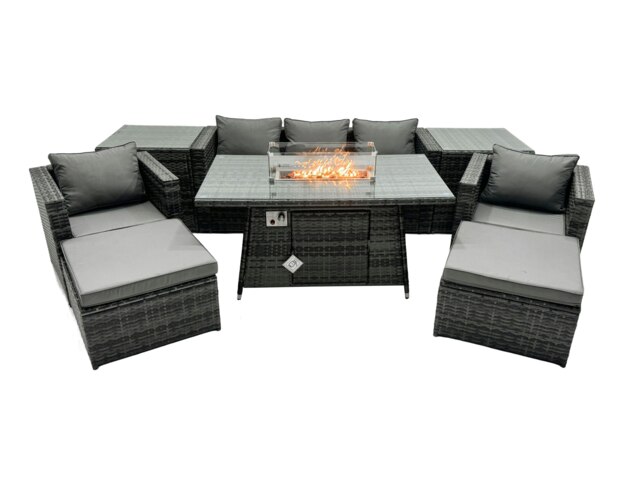 Rackhams Rattan Garden Furniture Fire Pit Dining Set 7 Seater Lounge Sofa Table Set with 2 Side table 2 big Footstool - image 1