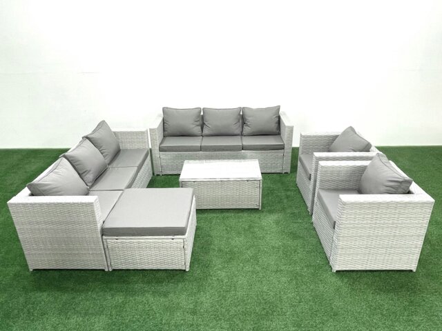 Rackhams Outdoor Rattan Sofa Garden Furniture Set with 2 Armchairs Oblong Coffee Table Big Footstool Light Grey Mixed - image 1