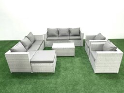 Rackhams Outdoor Rattan Sofa Garden Furniture Set with 2 Armchairs Oblong Coffee Table Big Footstool Light Grey Mixed - thumbnail 2