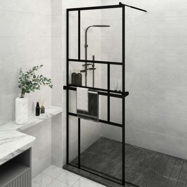Rackhams Walk-in Shower Wall with Shelf Black 80x195 cm ESG Glass&Aluminium