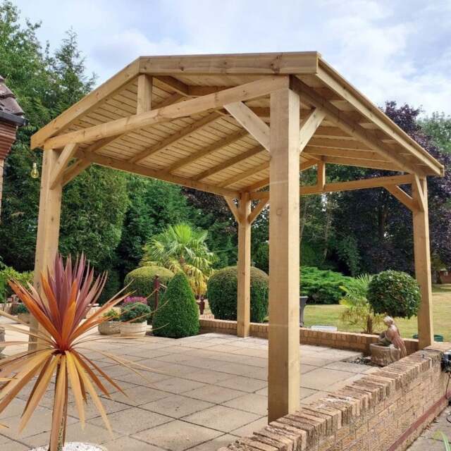 Rackhams Heavy Duty Timber Gazebo DIY Kit - Tanalised Feather Edge Timber - Felt Tile Roof - 2.4m - 4 post - 2.4m - Feather-Edge Natural Timber - image 1