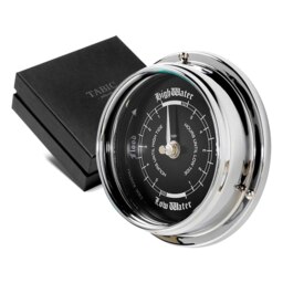 Rackhams Handmade Prestige Tide Clock in Chrome With A Jet Black Dial created with a mirrored backdrop - thumbnail 2