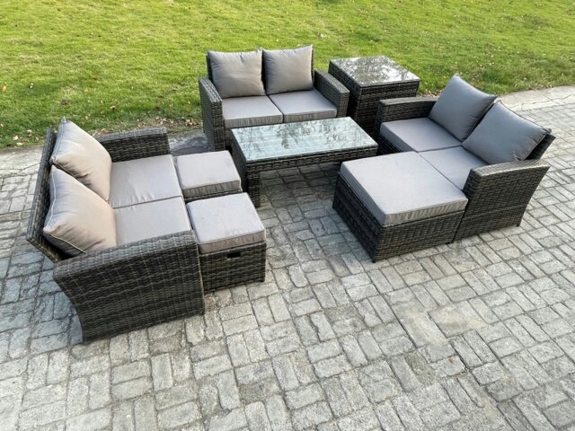 Rackhams Outdoor U Shape Sofa Set Wicker PE Rattan Garden Furniture Set with Coffee Table Double Seat Sofa 3 Footstools Side Table Dark Grey Mixed - image 1