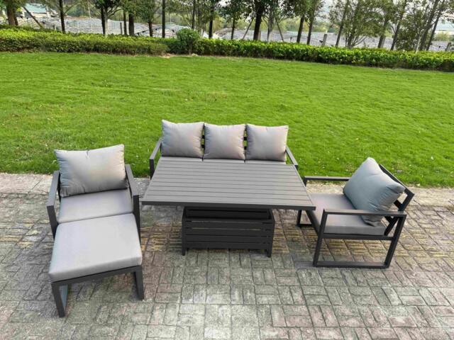 Rackhams 6 Seater Aluminium Garden Furniture Set with Adjustable Rising Dining Table, 2 Chairs, Footstool - Dark Grey - image 1