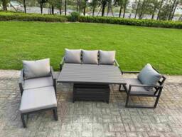 Rackhams 6 Seater Aluminium Garden Furniture Set with Adjustable Rising Dining Table, 2 Chairs, Footstool - Dark Grey - thumbnail 1