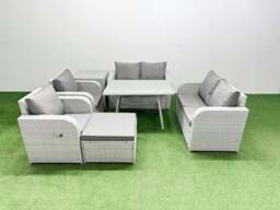 Rackhams 7 Seater Rattan Garden Furniture Set Outdoor Love Sofa Set with Rectangular Dining Table Side Table Big Footstool Light Grey - thumbnail 1
