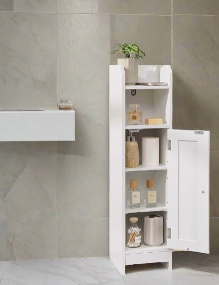 Rackhams Slim White Bathroom Floor Storage Cabinet – Narrow Freestanding Unit with Door & Adjustable Shelve - image 1