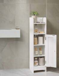 Rackhams Slim White Bathroom Floor Storage Cabinet – Narrow Freestanding Unit with Door & Adjustable Shelve - thumbnail 1