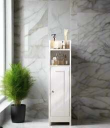 Rackhams Slim White Bathroom Floor Storage Cabinet – Narrow Freestanding Unit with Door & Adjustable Shelve - thumbnail 2