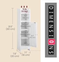 Rackhams Slim White Bathroom Floor Storage Cabinet – Narrow Freestanding Unit with Door & Adjustable Shelve - thumbnail 3
