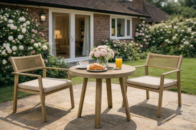 Rackhams Medellin Bistro Set - Wood-Effect 2-Seater Garden Bistro Set with Cushions - image 1