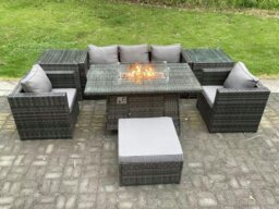Rackhams 6-Seater PE Rattan Outdoor Gas Fire Pit Dining Set - 2 Armchairs, 2 Side Tables, Footstool - Dark Grey - thumbnail 2