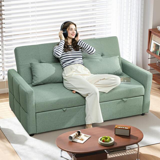 Rackhams 2 Seater Sofa Bed, Convertible Pull Out Bed Settee, Light Grey - Light Green - Sofa Bed - 158W x 85D x 85H cm - image 1