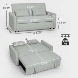 Rackhams 2 Seater Sofa Bed, Convertible Pull Out Bed Settee, Light Grey - Light Green - Sofa Bed - 158W x 85D x 85H cm - thumbnail 4