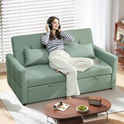 Rackhams 2 Seater Sofa Bed, Convertible Pull Out Bed Settee, Light Grey - Light Green - Sofa Bed - 158W x 85D x 85H cm - thumbnail 1