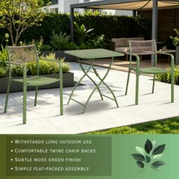 Rackhams 3 Piece Bistro Garden Set, Pair Of Rope Back Armchairs & Square Metal Folding Table, Moss Green - Terracotta - thumbnail 5