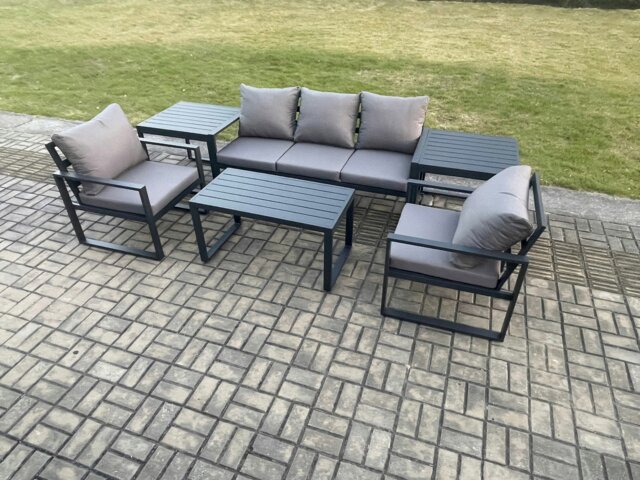 Rackhams Aluminium Garden Furniture Set Patio Lounge Sofa with Oblong Coffee Table 2 Armchairs 2 Side Table Dark Grey - image 1