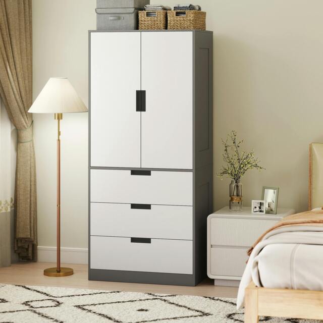 Rackhams 2 Door Wardrobe Brown Wardrobe with 3 Drawer and Hanging Rod Brown - Grey - image 1