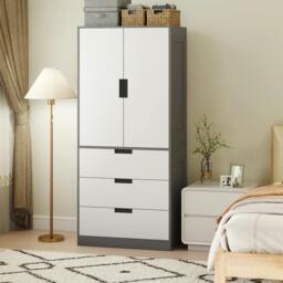 Rackhams 2 Door Wardrobe Brown Wardrobe with 3 Drawer and Hanging Rod Brown - Grey