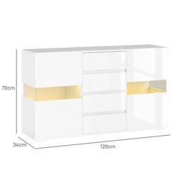 Rackhams LED Sideboard, High Gloss Storage Cabinet with 4 Drawers, White - White - High gloss - Sideboard - thumbnail 5