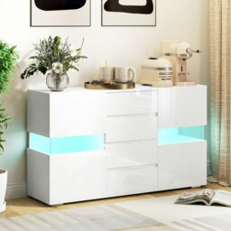 Rackhams LED Sideboard, High Gloss Storage Cabinet with 4 Drawers, White - White - High gloss - Sideboard - thumbnail 1