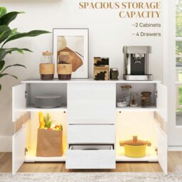 Rackhams LED Sideboard, High Gloss Storage Cabinet with 4 Drawers, White - White - High gloss - Sideboard - thumbnail 3